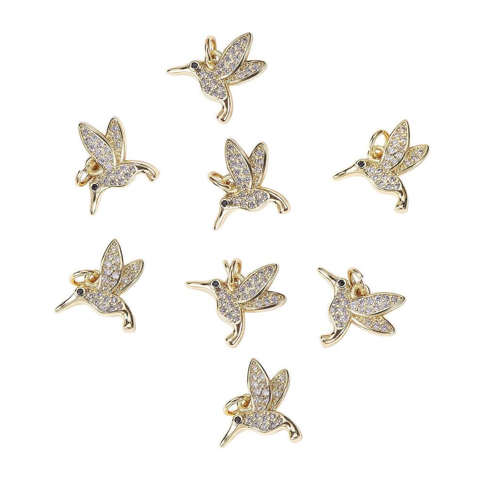 1909 10 Pcs Bird Charms Brass Pendants with Micro Pave Cubic Zirconia in